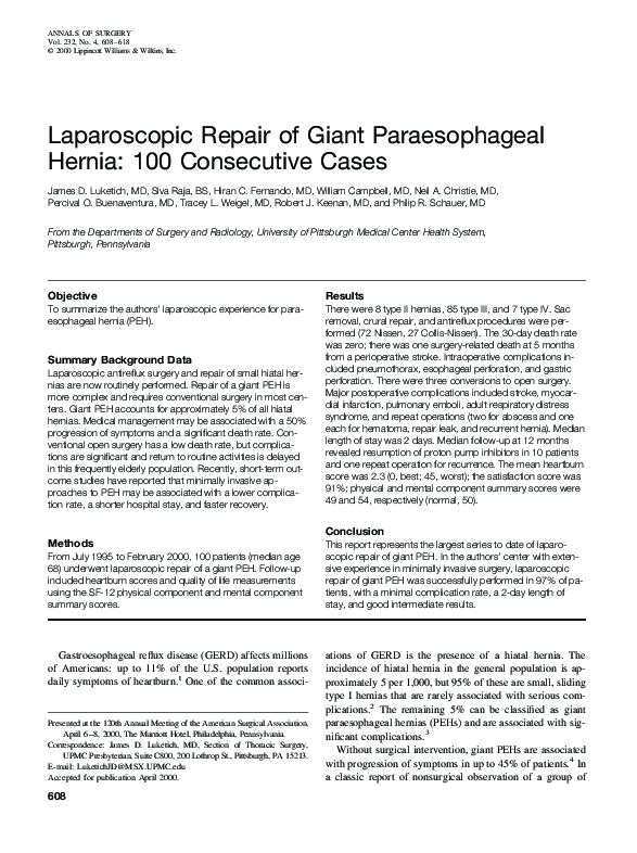 (PDF) Laparoscopic Repair of Giant Paraesophageal Hernia 100 Consecutive Cases Rodney