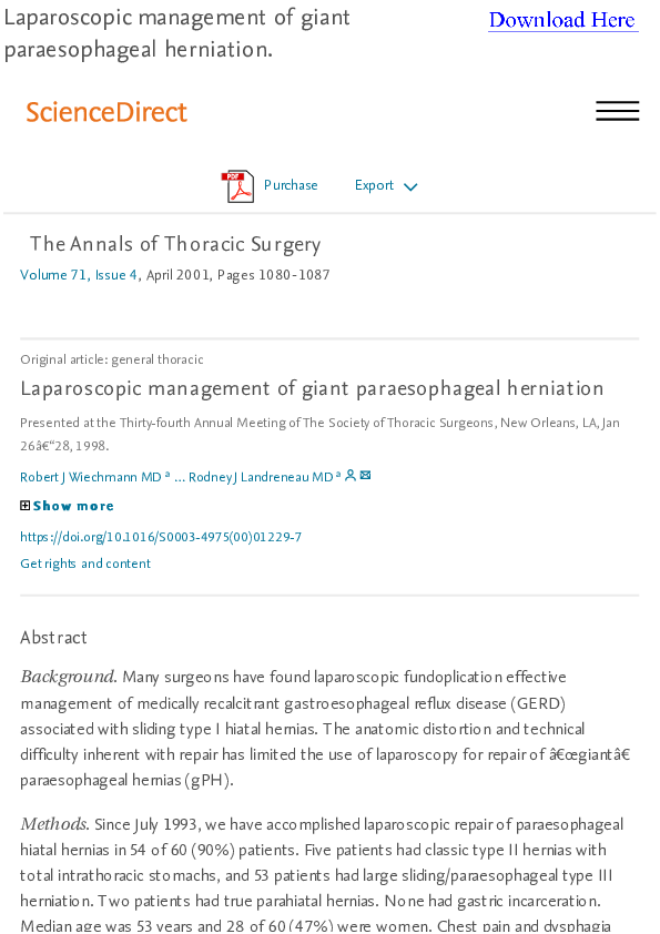 (PDF) Laparoscopic management of giant paraesophageal herniation Rodney Landreneau Academia.edu