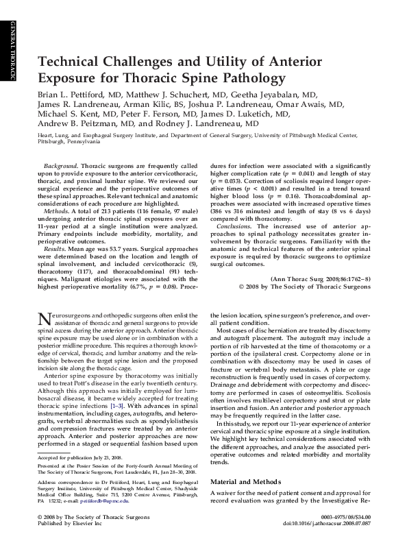 (PDF) Technical Challenges and Utility of Anterior Exposure for Thoracic Spine Pathology