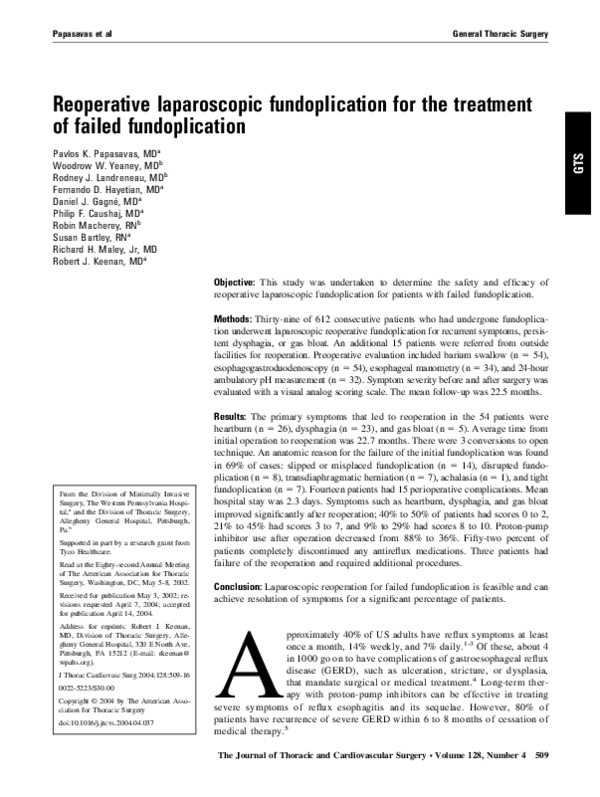 (PDF) Reoperative laparoscopic fundoplication for the treatment of failed fundoplication