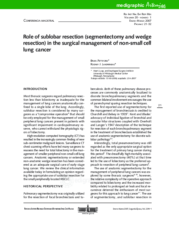 (PDF) Papel de la resección sublobar (segmentectomía y resección en cuña) en el manejo