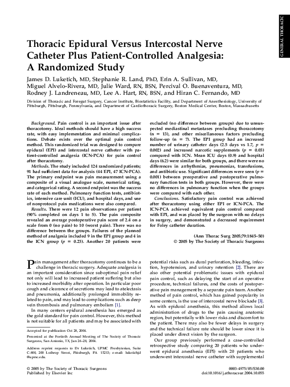 (PDF) Thoracic Epidural Versus Intercostal Nerve Catheter Plus PatientControlled Analgesia A