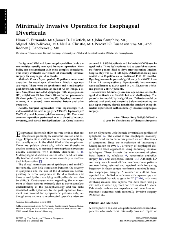 (PDF) Minimally Invasive Operation for Esophageal Diverticula Rodney Landreneau Academia.edu