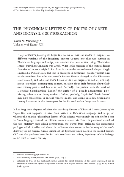 (PDF) The ‘Phoenician Letters’ of Dictys of Crete and Dionysius ...