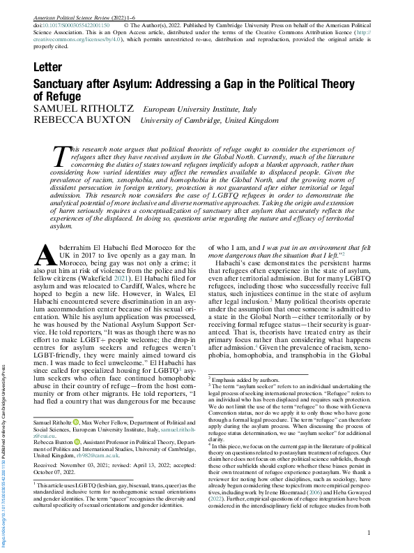(PDF) Sanctuary after Asylum: Addressing a Gap in the Political Theory ...