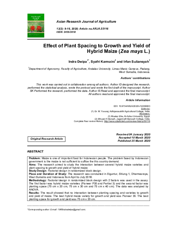 (PDF) Effect of Plant Spacing to Growth and Yield of Hybrid Maize (Zea ...
