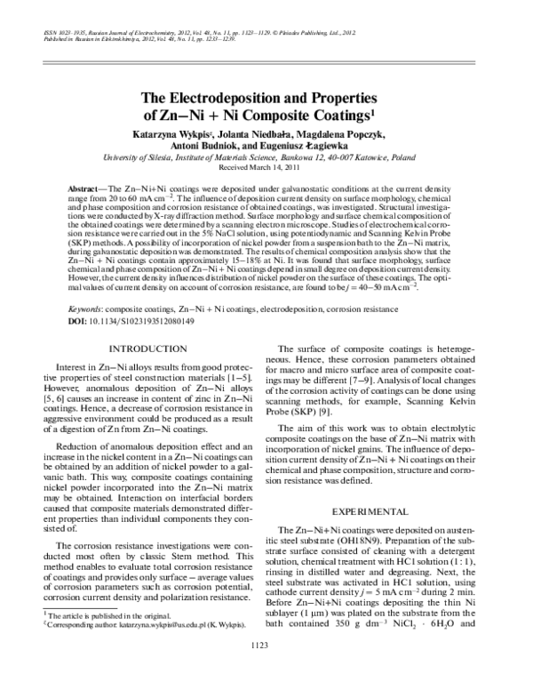 (PDF) The electrodeposition and properties of Zn-Ni + Ni composite coatings