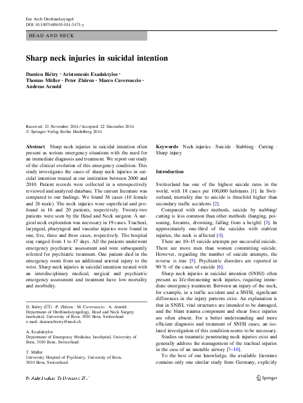 (PDF) Sharp neck injuries in suicidal intention
