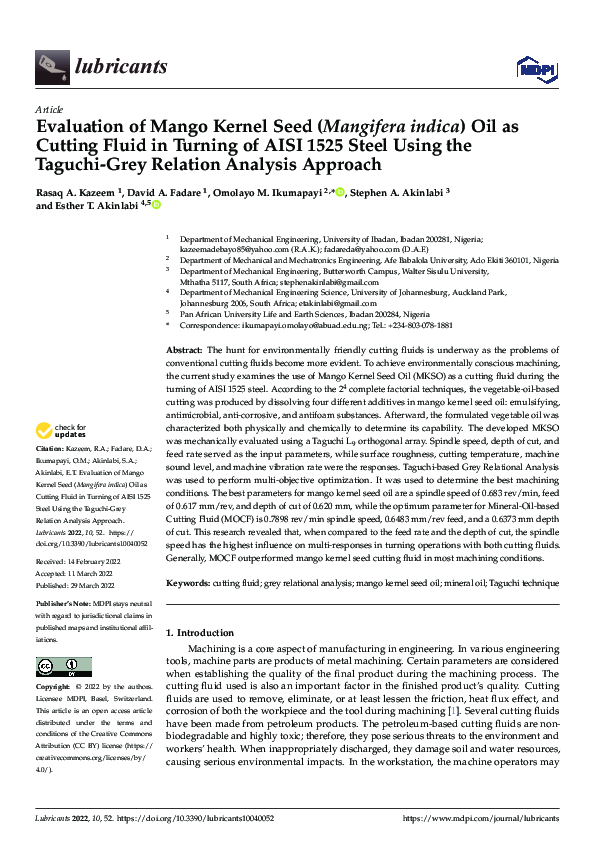 (PDF) Evaluation of Mango Kernel Seed (Mangifera indica) Oil as Cutting ...
