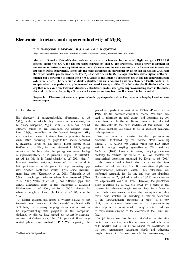 (PDF) Electronic structure and superconductivity of MgB2