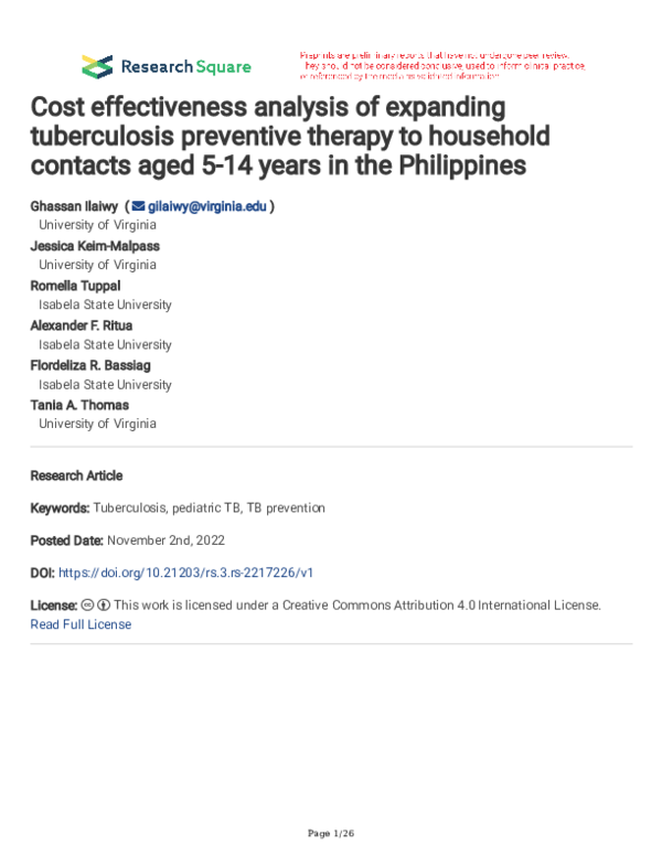 (PDF) Cost effectiveness analysis of expanding tuberculosis preventive ...
