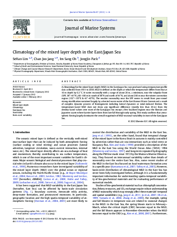 (PDF) Climatology of the mixed layer depth in the East/Japan Sea