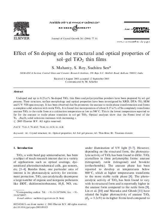 (PDF) Effect of Sn doping on the structural and optical properties of ...