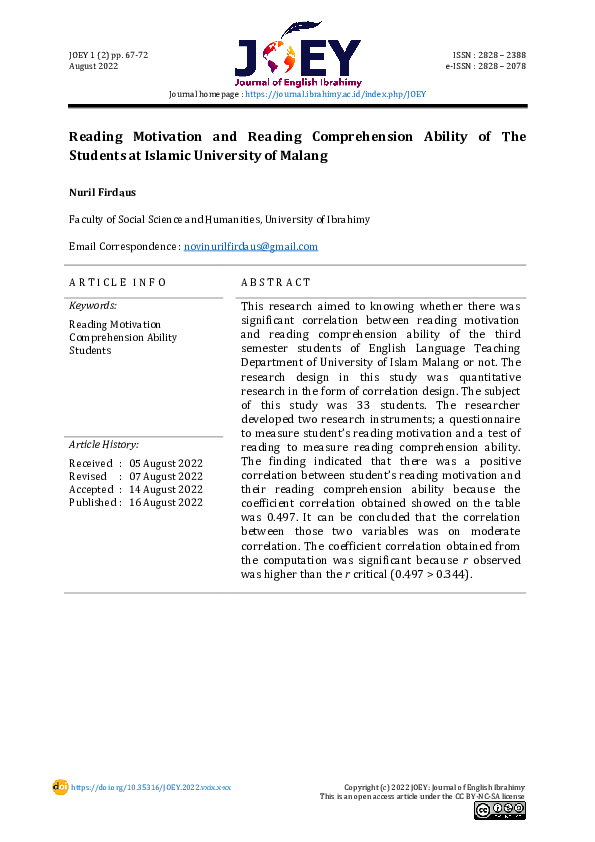 (PDF) Reading Motivation and Reading Comprehension Ability of The ...