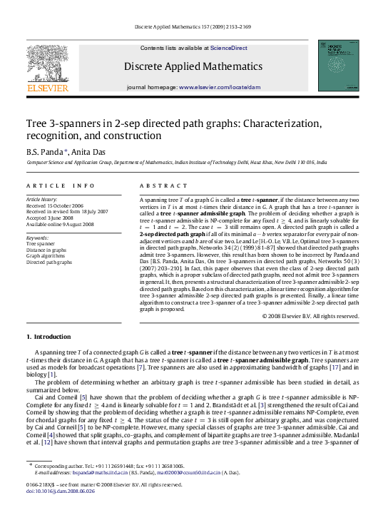 (PDF) Tree 3-spanners in 2-sep directed path graphs: Characterization ...