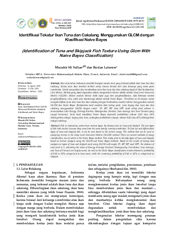 Identification of Tuna and Skipjack Fish Texture Using GLCM With Naive Bayes Classification