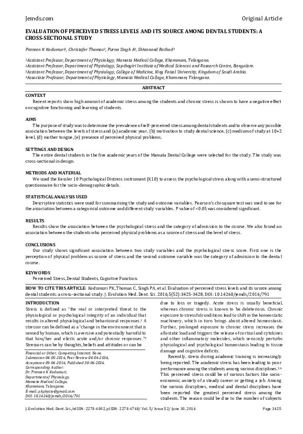 (PDF) Evaluation of Perceived Stress Levels and Its Source Among Dental ...
