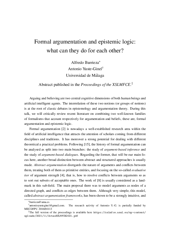 (PDF) Formal argumentation and epistemic logic: what can they do for ...