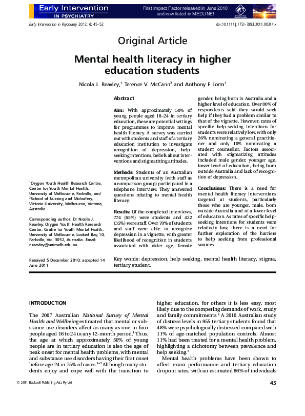 (PDF) Mental health literacy in higher education students