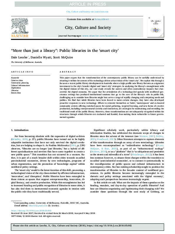 (PDF) “More than just a library”: Public libraries in the ‘smart city’