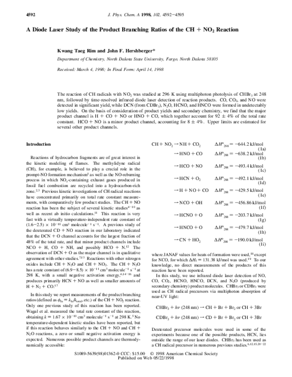 (PDF) A Diode Laser Study of the Product Branching Ratios of the CH ...