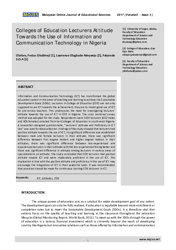 (PDF) Colleges of Education Lecturers Attitude towards the Use of ...