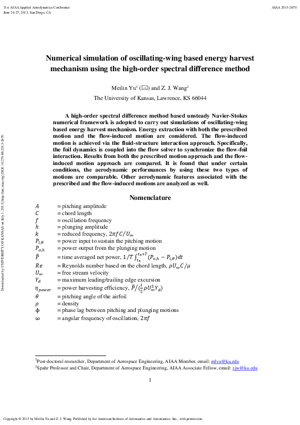 (PDF) Numerical simulation of oscillating-wing based energy harvest ...