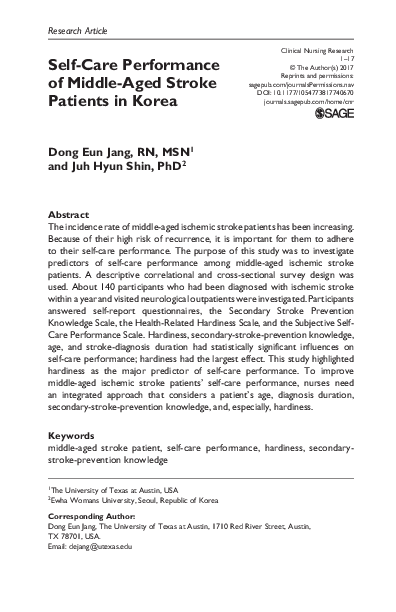 (PDF) Self-Care Performance of Middle-Aged Stroke Patients in Korea