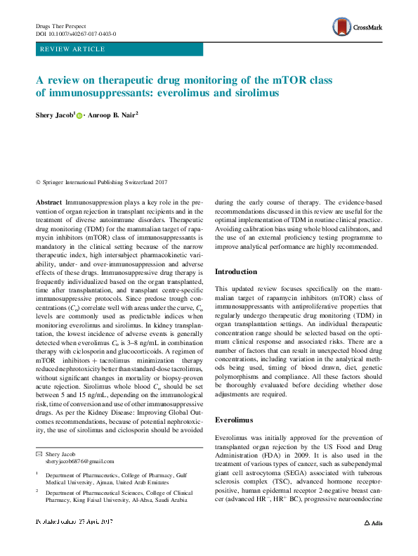 (PDF) A review on therapeutic drug monitoring of the mTOR class of ...