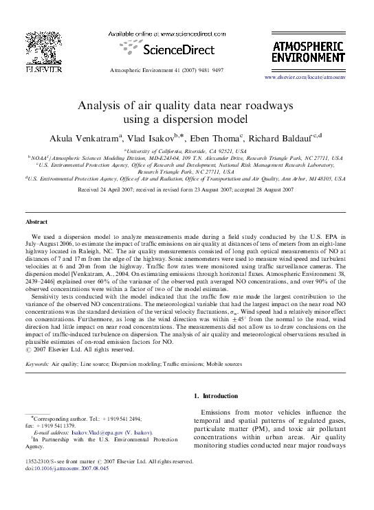 (PDF) Analysis of air quality data near roadways using a dispersion model