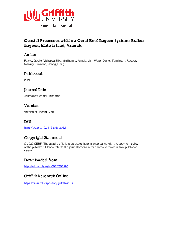 (PDF) Coastal Processes within a Coral Reef Lagoon System: Erakor ...