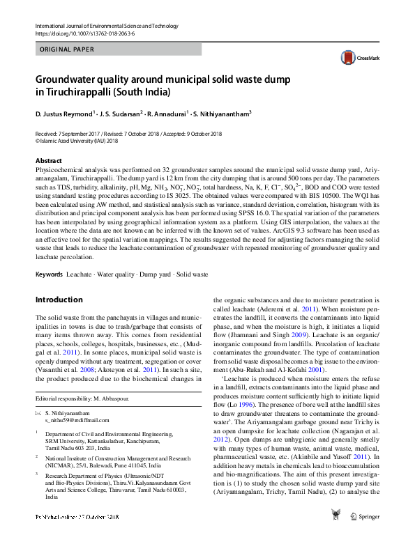 (PDF) Groundwater quality around municipal solid waste dump in ...