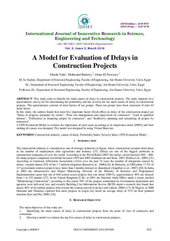 (PDF) A Model for Evaluation of Delays in Construction Projects