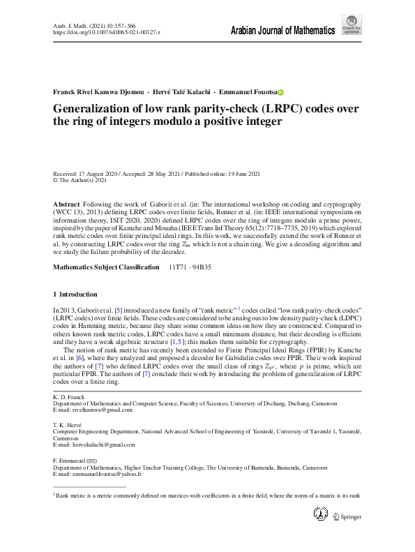 (PDF) Generalization of low rank parity-check (LRPC) codes over the ...