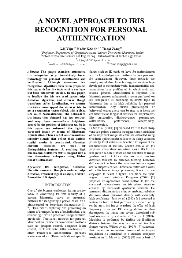 (PDF) A NOVEL APPROACH TO IRIS RECOGNITION FOR PERSONAL AUTHENTICATION