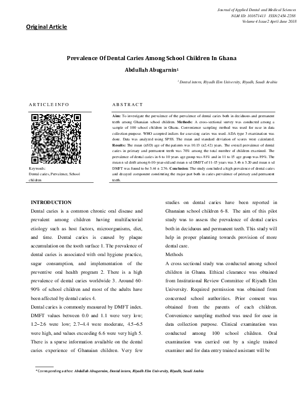 (PDF) Prevalence Of Dental Caries Among School Children In Ghana