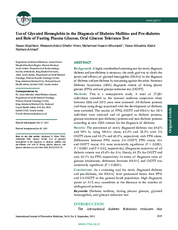 (PDF) Use of Glycated Hemoglobin in the Diagnosis of Diabetes Mellitus ...