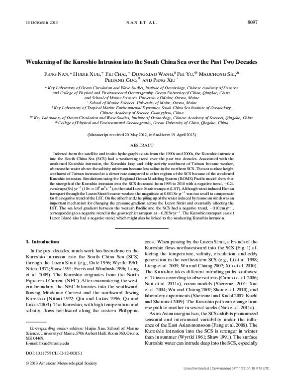 (PDF) Weakening of the Kuroshio Intrusion into the South China Sea over ...