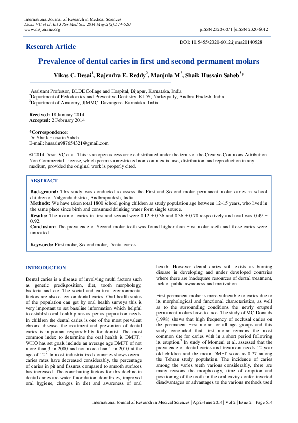 (PDF) Prevalence of dental caries in first and second permanent molars