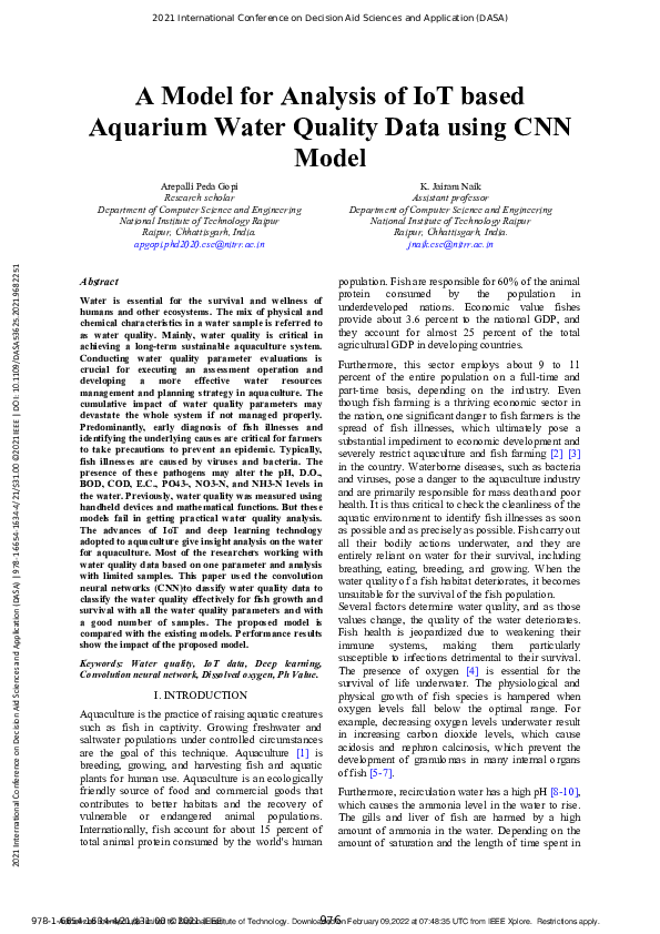 PDF A Model for Analysis of IoT based Aquarium Water Quality Data using CNN Model