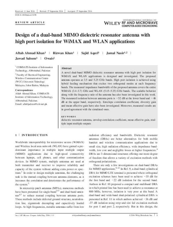 (PDF) Design of a dual-band MIMO dielectric resonator antenna with high ...
