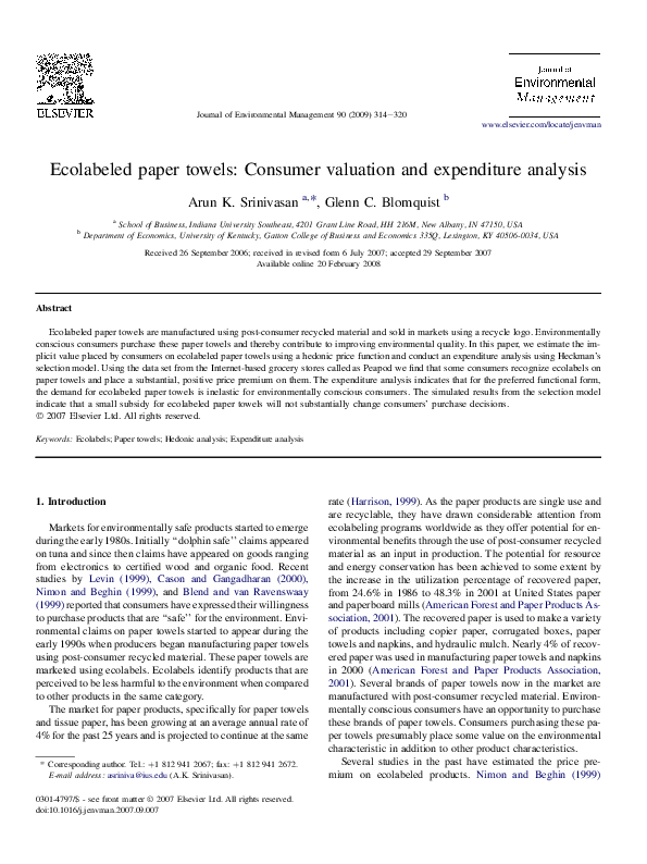 (PDF) Ecolabeled paper towels Consumer valuation and expenditure analysis Dr A K SRINIVASAN