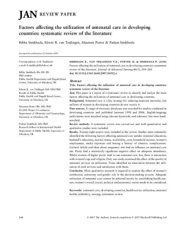(PDF) Factors affecting the utilization of antenatal care in developing ...