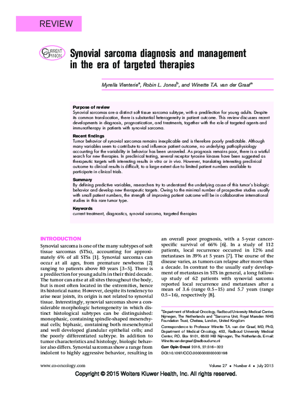 (PDF) Synovial sarcoma diagnosis and management in the era of targeted ...