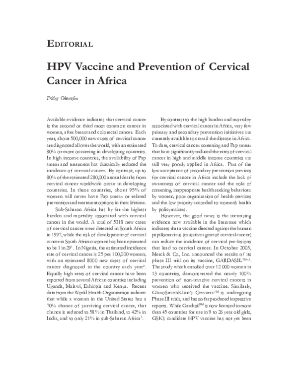 (PDF) HPV Vaccine and Prevention of Cervical Cancer in Africa / Le ...