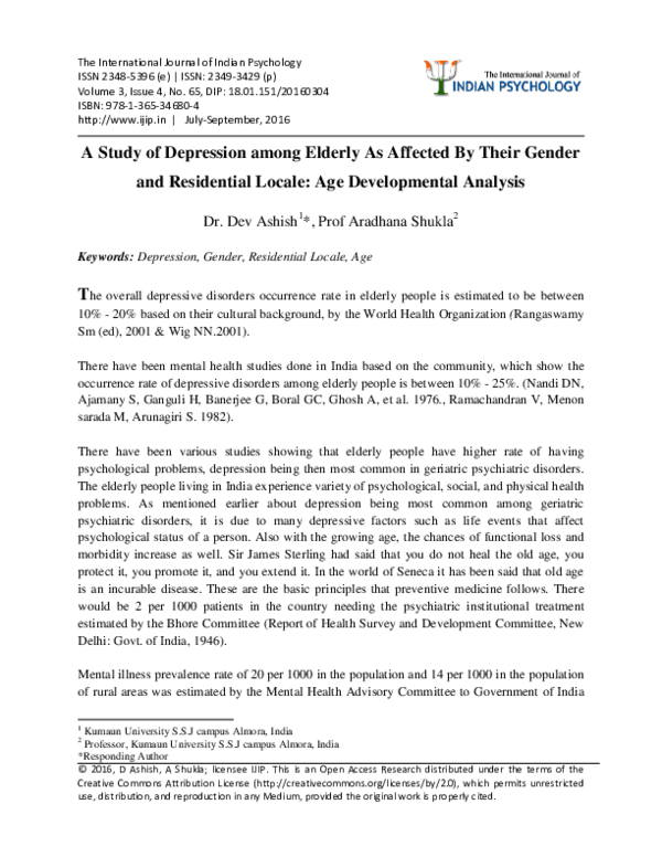 (PDF) A Study of Depression among Elderly As Affected By Their Gender ...