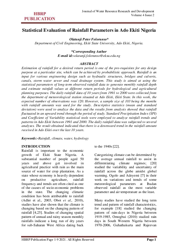 (PDF) Statistical Evaluation of Rainfall Parameters in Ado Ekiti Nigeria