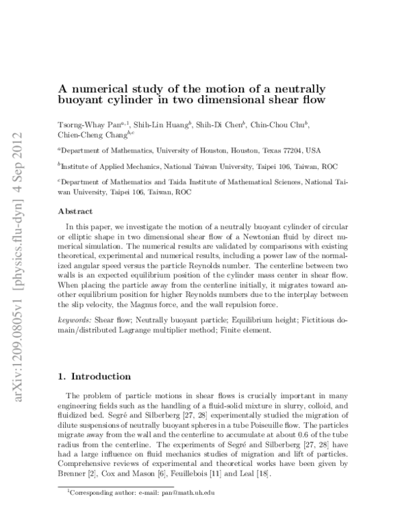 (PDF) A numerical study of the motion of a neutrally buoyant cylinder ...