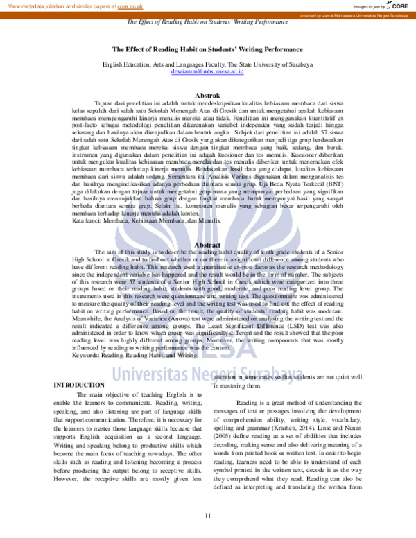 (PDF) The Effect of Reading Habit on Students’ Writing Performance