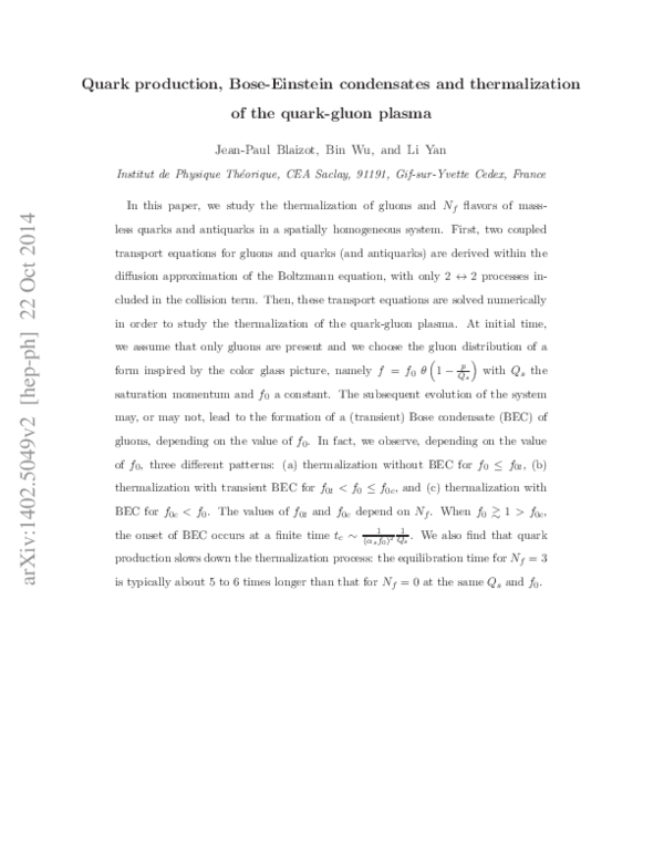 (PDF) Quark production, Bose–Einstein condensates and thermalization of ...